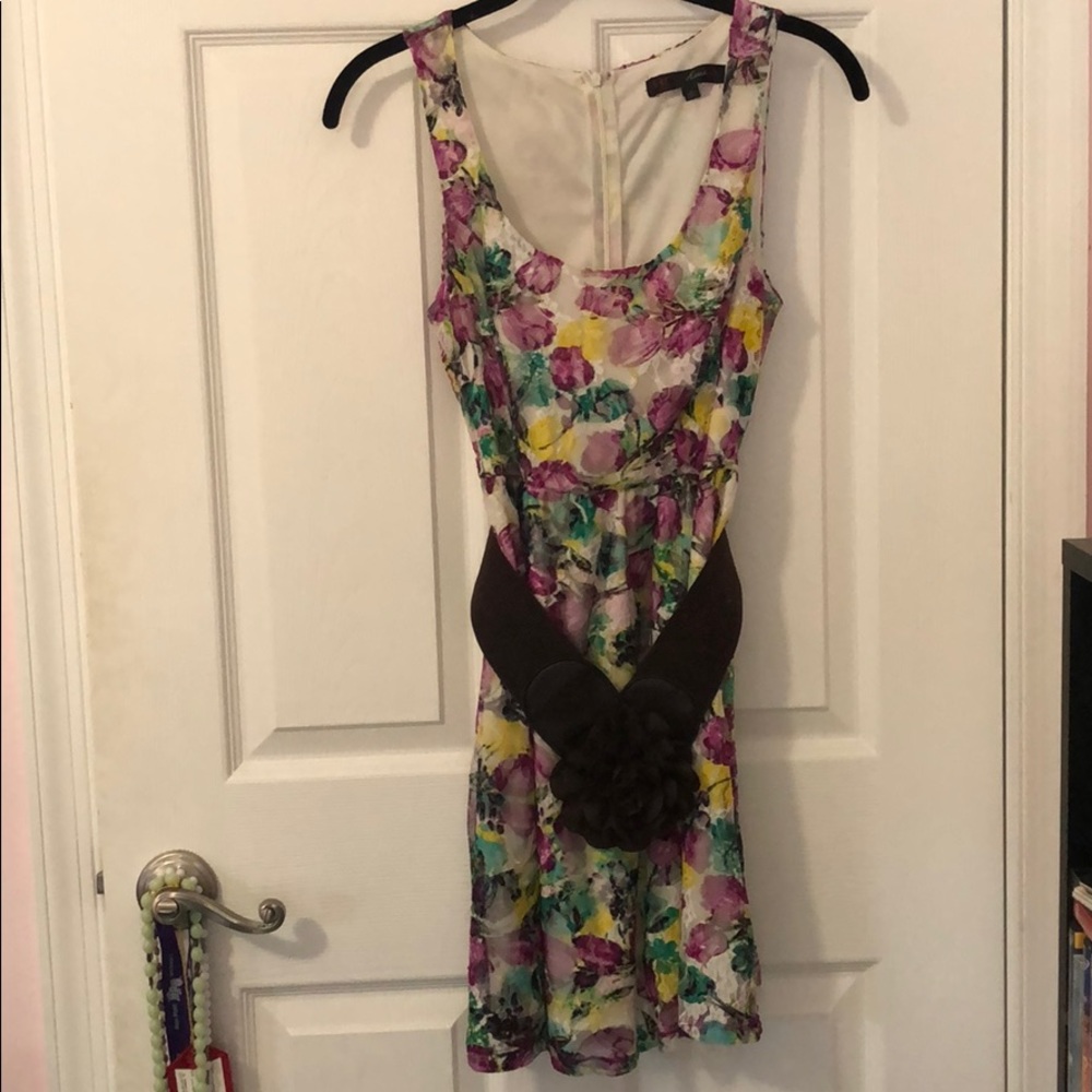 Floral print lace dress with brown flower belt